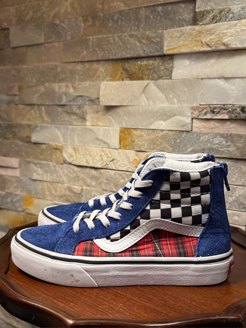 Yth Sz 2 Vans Sk8 Hi Zip Plaid Checkerboard True Blue Racing Red Suede Shoe EUC